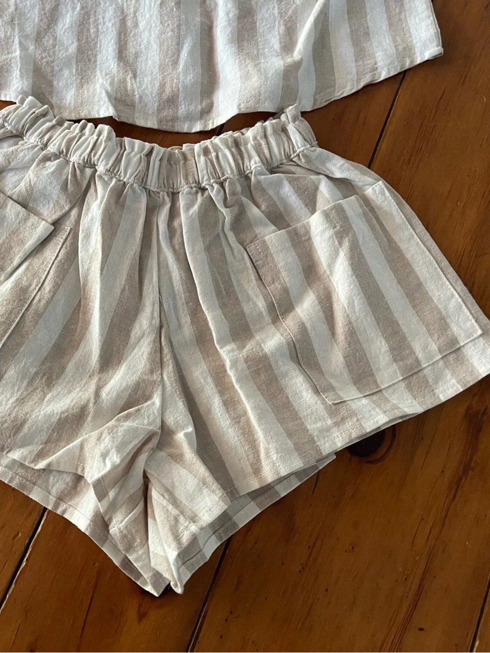 Rylee Cru Striped Button Front Short Set in Cream and Tan